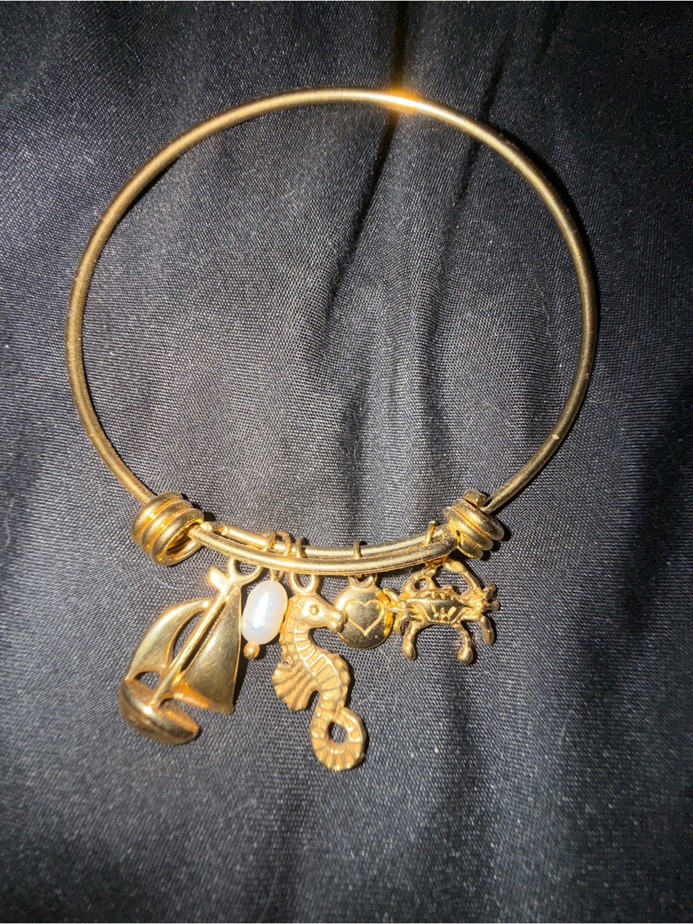 Gold tone Charm Bangle Bracelet with Seahorse, Sailboat & Crab Charms